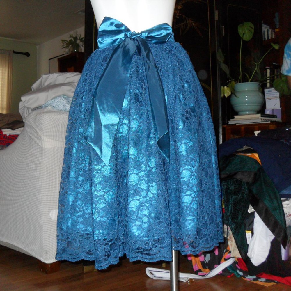 Teal Lace 50s Midi skirt pinup style bow back